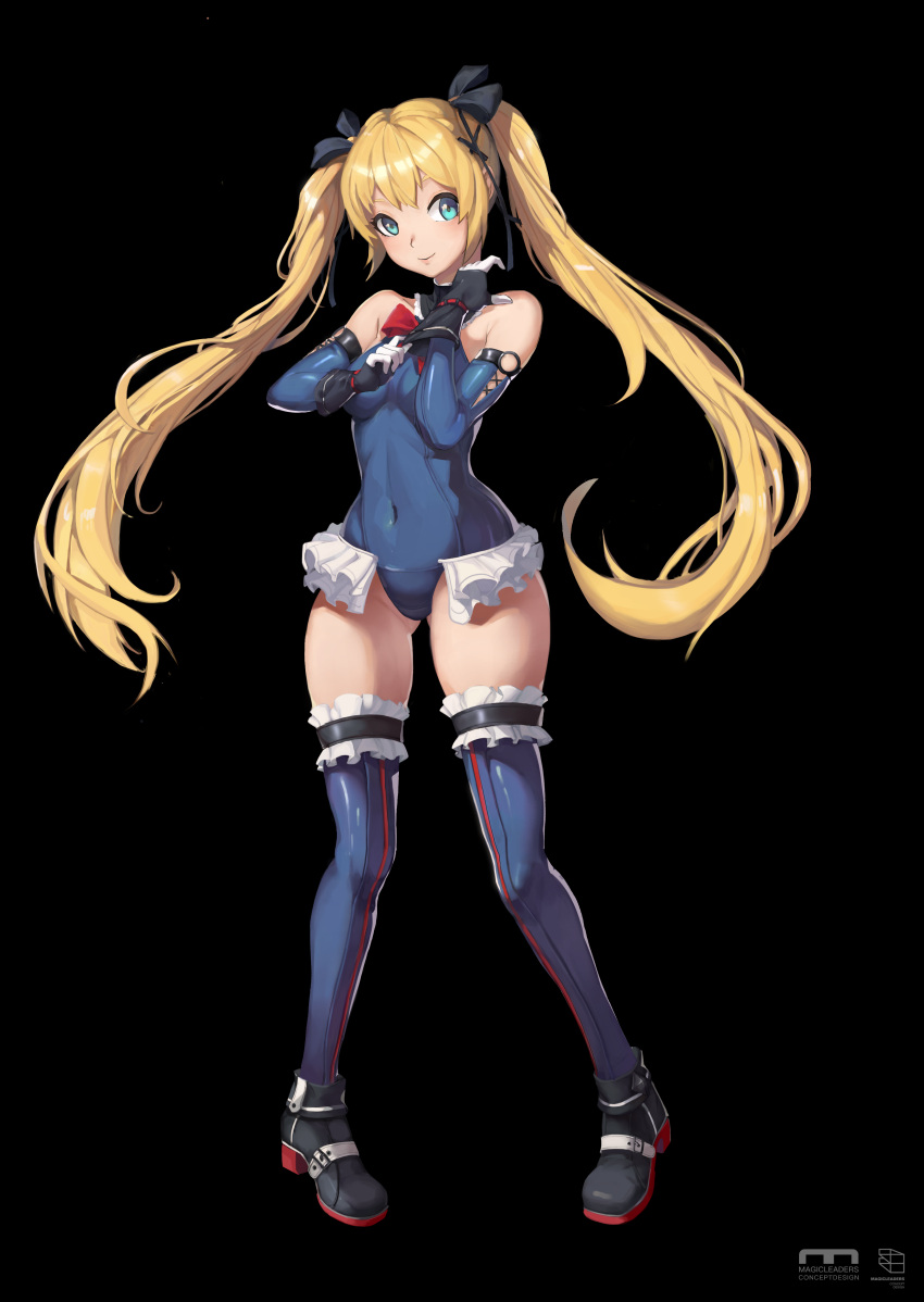 1girl absurdres adjusting_clothes adjusting_gloves bangs bare_shoulders black_background black_footwear black_ribbon blonde_hair blue_eyes blue_legwear blue_leotard blush breasts covered_navel dead_or_alive dead_or_alive_5 dead_or_alive_6 elbow_gloves frills full_body gloves hair_ornament hair_ribbon highres leotard long_hair looking_at_viewer marie_rose ribbon simple_background small_breasts smile solo standing twintails very_long_hair white_background x_hair_ornament