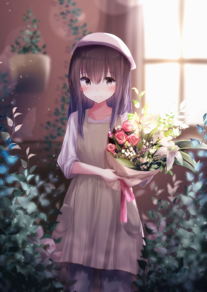 1girl bangs blurry blurry_background blush bouquet brown_dress brown_eyes brown_hair dress flower highres holding holding_bouquet indoors long_hair nnyo_(nyonyonyonyon07) original plant potted_plant standing white_butterfly white_headwear window