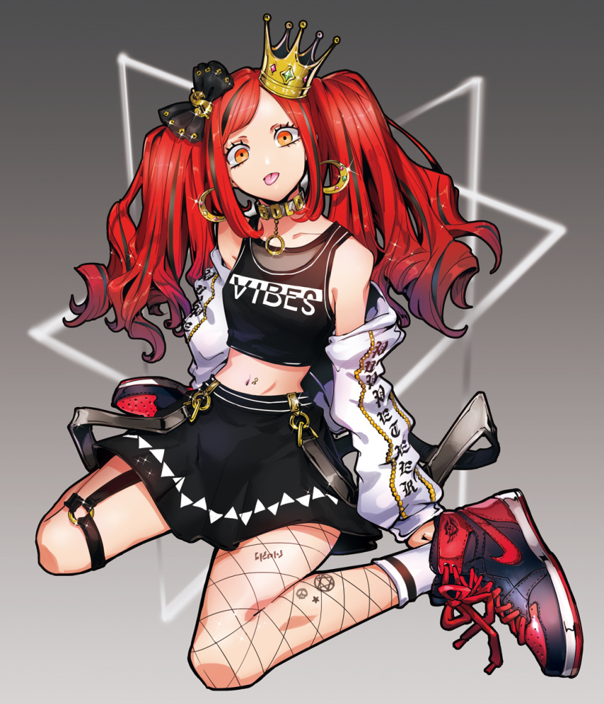 1girl breasts collar crown_hair_ornament earrings flat_chest hair_ornament hair_ribbon highres jewelry long_hair navel original puppeteer7777 redhead ribbon shoes skirt small_breasts sneakers tattoo tongue yellow_eyes