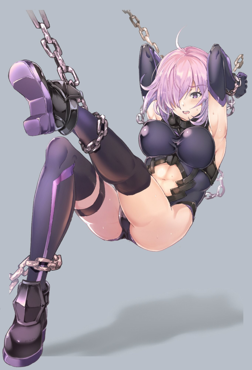 1girl armored_leotard armpits arms_behind_head black_legwear black_leotard breasts chain elbow_gloves fate/grand_order fate_(series) gloves highres large_breasts leotard looking_at_viewer mash_kyrielight navel navel_cutout pink_hair restrained short_hair solo sumisu_(mondo) sweat thigh-highs thigh_strap violet_eyes