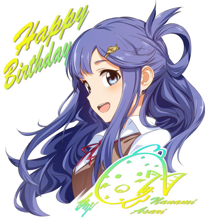 1girl :d arikanrobo asari_nanami bangs blue_eyes brown_vest character_name collared_shirt commentary_request dress_shirt eyebrows_visible_through_hair fish fish_hair_ornament hair_ornament half_updo happy_birthday highres idolmaster idolmaster_cinderella_girls long_hair looking_at_viewer neck_ribbon open_mouth purple_hair red_ribbon ribbon school_uniform shirt sidelocks simple_background smile solo upper_body vest white_background white_shirt wing_collar