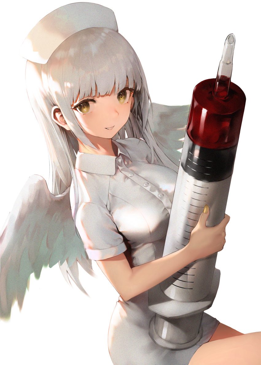 1girl absurdres angel angel_wings backlighting bangs blush breasts collared_dress collared_shirt dress fanbox_reward feathered_wings grin halo haori_iori hat highres holding holding_syringe large_breasts large_syringe long_hair looking_at_viewer nail_polish nurse nurse_cap original oversized_object paid_reward shirt short_sleeves sidelocks signature simple_background smile solo syringe white_background white_dress white_hair white_wings wings yellow_eyes yellow_nails