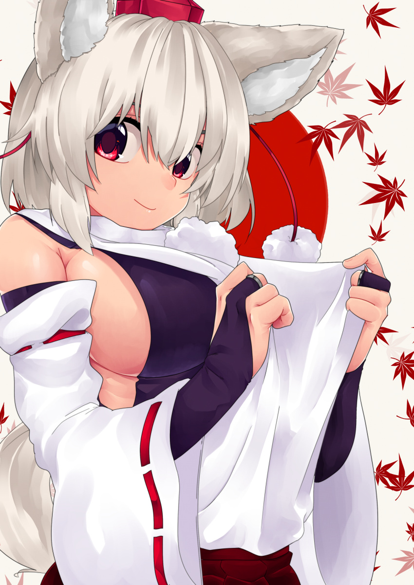 1girl absurdres animal_ears autumn_leaves bare_shoulders breasts commentary commentary_request detached_sleeves hat highres inubashiri_momiji large_breasts leaf light_smile looking_at_viewer looking_to_the_side pom_pom_(clothes) red_eyes red_skirt ribbon-trimmed_sleeves ribbon_trim shirokaba114 shirt short_hair sideboob silver_hair skirt sleeveless sleeveless_shirt solo tail tokin_hat touhou turtleneck white_shirt wolf_ears wolf_tail