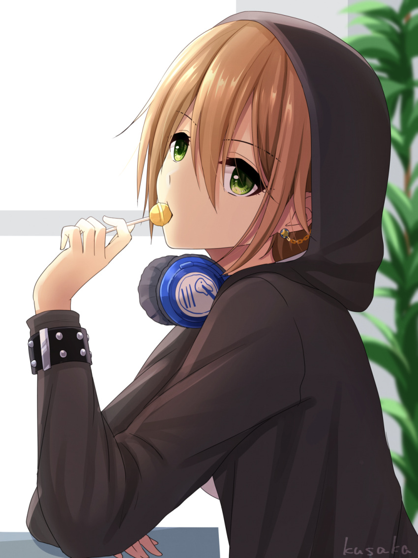 1girl artist_name black_hoodie blurry blurry_background brown_hair candy chain depth_of_field earrings elbow_rest expressionless food green_eyes head_tilt headphones headphones_around_neck highres holding_lollipop idolmaster idolmaster_cinderella_girls indoors jewelry kimura_natsuki kusaka24 lollipop long_sleeves looking_at_viewer plant potted_plant short_hair sitting stud_earrings studded_bracelet symbol_commentary window