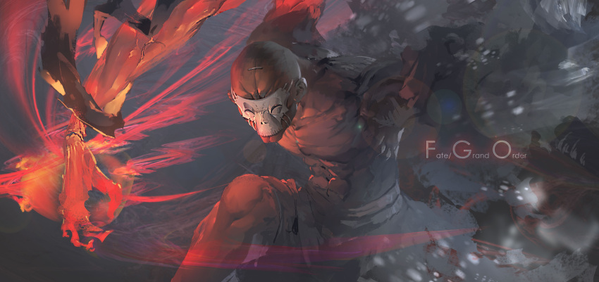 1boy abs absurdres aguy bald bandages bare_chest board_game commentary copyright_name fate/grand_order fate_(series) glowing go grey_background highres lens_flare mask one_knee skull_mask solo true_assassin veins