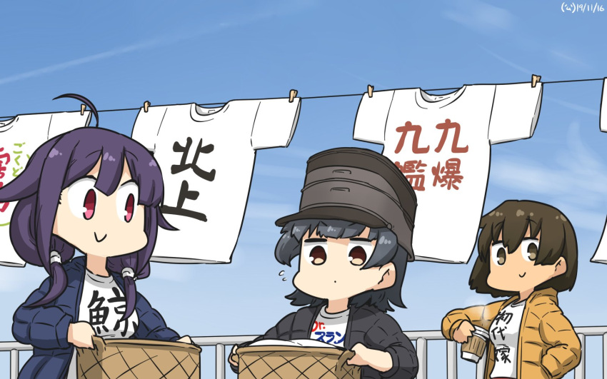 3girls ahoge alternate_costume arare_(kantai_collection) basket black_hair black_jacket blue_jacket blue_sky brown_eyes brown_hair clothes_writing clothesline clouds day hair_flaps hamu_koutarou hat highres hiryuu_(kantai_collection) jacket kantai_collection laundry looking_at_viewer low_twintails multiple_girls outdoors purple_hair railing red_eyes shirt short_hair sky smile t-shirt taigei_(kantai_collection) twintails white_shirt yellow_jacket