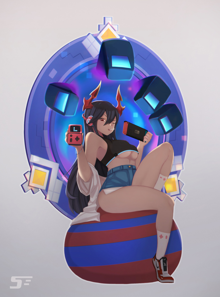 1girl absurdres bare_shoulders black_hair breasts brown_dust candy food game_console hair_between_eyes hands headphones highres horns kneehighs levia lollipop long_hair looking_at_viewer nintendo_switch off_shoulder one_eye_closed phat_nguyen red_eyes shorts sitting solo tiptoes under_boob white_legwear