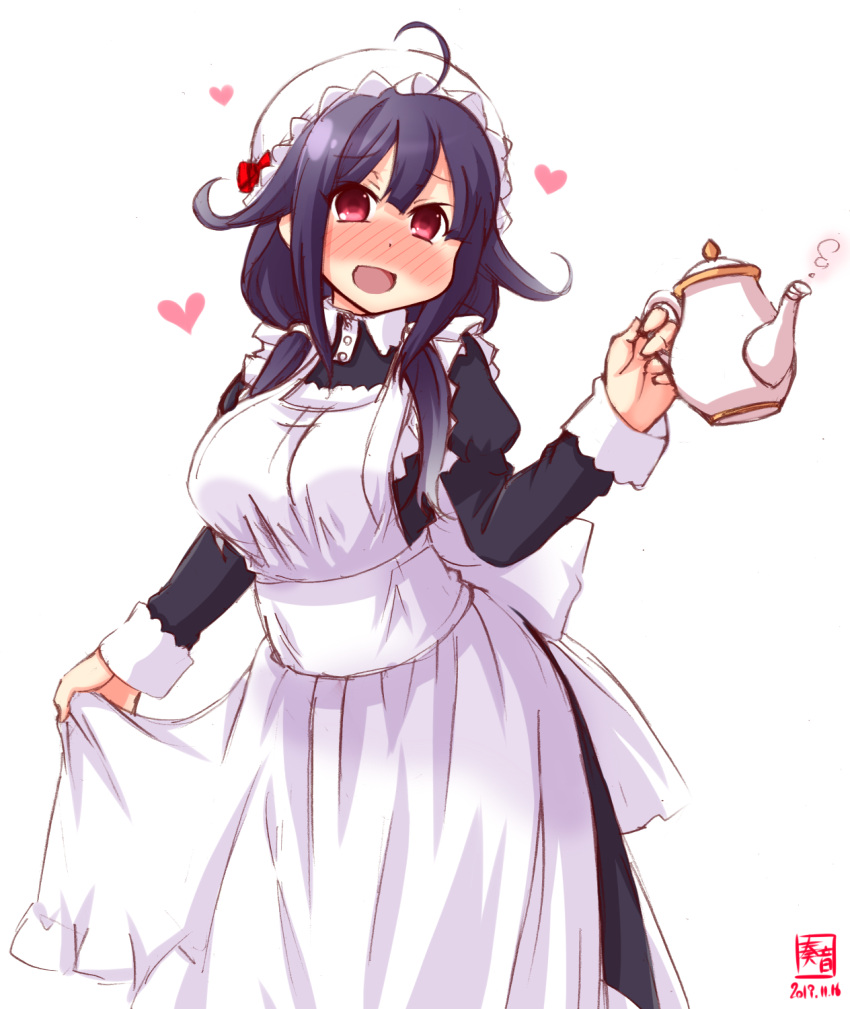 1girl alternate_costume apron apron_hold artist_logo black_dress blush collared_shirt dated dress enmaided eyebrows_visible_through_hair feet_out_of_frame frilled_apron frilled_dress frills hair_between_eyes hair_flaps hat heart highres juliet_sleeves kanon_(kurogane_knights) kantai_collection long_sleeves low_twintails maid maid_apron mob_cap open_mouth puffy_sleeves purple_hair red_eyes shirt signature simple_background smile taigei_(kantai_collection) teapot twintails white_apron white_background