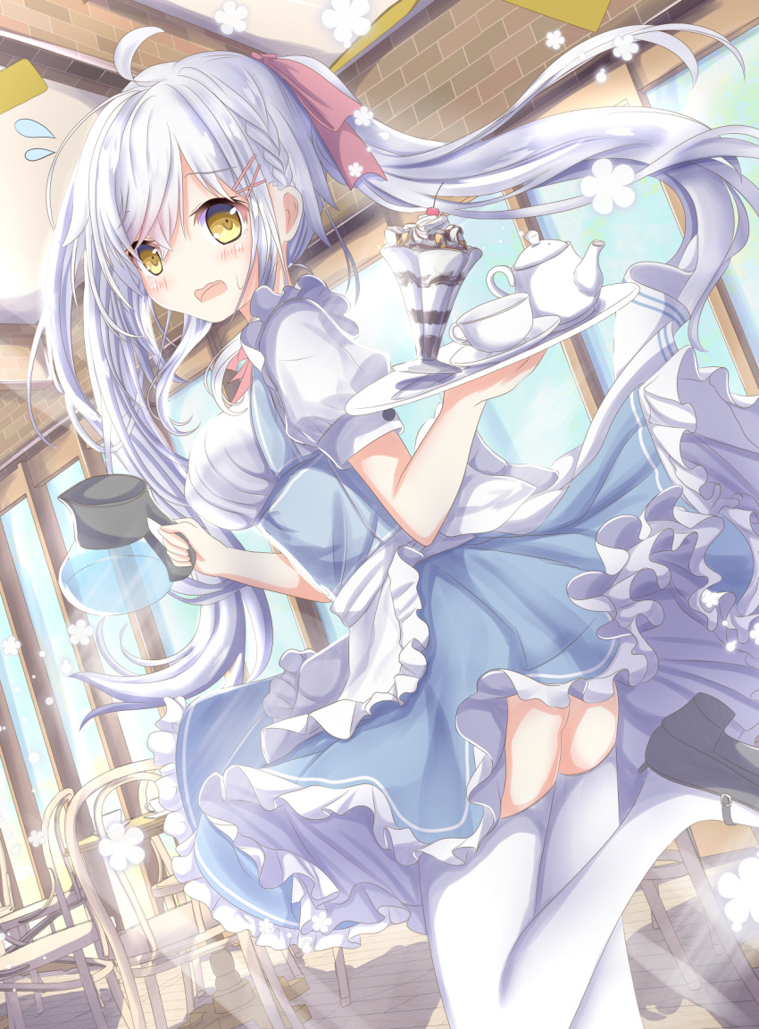 1girl ahoge apron aruka_(alka_p1) bangs blue_dress blush breasts chair coffee_pot commentary_request cup dress eyebrows_visible_through_hair floating_hair frilled_dress frills grey_hair hair_between_eyes hair_ribbon highres holding holding_plate holding_pot indoors leg_up long_hair looking_at_viewer looking_back maid_apron medium_breasts open_mouth original parfait plate restaurant ribbon shirt short_sleeves silver_hair solo sunlight sweatdrop swept_bangs table teacup teapot thigh-highs twintails wavy_mouth white_legwear white_shirt wind wind_lift window yellow_eyes