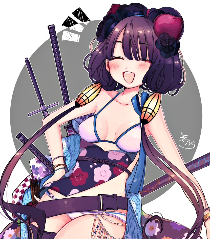 1girl :d ^_^ bangle bangs bare_shoulders bikini blush bracelet breasts closed_eyes collarbone eyebrows_visible_through_hair fate/grand_order fate_(series) floral_print grey_background grin hair_ornament hand_on_hip highres jewelry katana katsushika_hokusai_(fate/grand_order) katsushika_hokusai_(swimsuit_saber)_(fate) long_hair looking_at_viewer low_twintails medium_breasts notice_lines open_mouth purple_hair smile sofra solo swimsuit sword twintails two-tone_background upper_teeth very_long_hair weapon white_background white_bikini