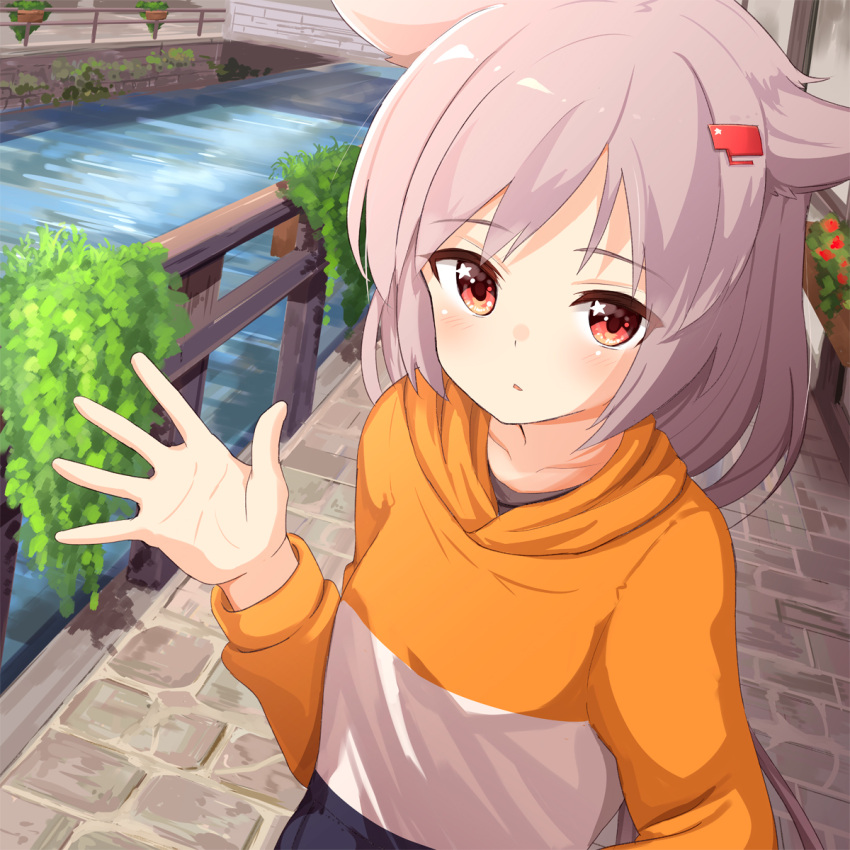 1girl ame. azur_lane bangs blush breasts bridge canal collarbone commentary_request day eyebrows_visible_through_hair flower grey_hair hair_ears hair_ornament hairclip hand_up highres long_hair long_sleeves looking_at_viewer montpelier_(azur_lane) orange_shirt outdoors parted_lips railing red_eyes red_flower shirt small_breasts solo star star_in_eye symbol_in_eye water white_shirt