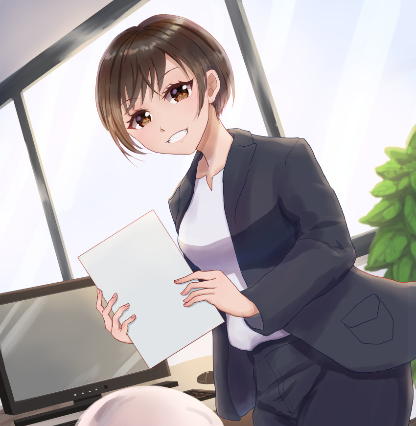 1girl :d absurdres black_suit brown_eyes brown_hair chair day highres indoors keyboard_(computer) looking_at_viewer minibara62 monitor mouse_(computer) office_lady open_mouth original paper plant potted_plant short_hair smile solo standing window