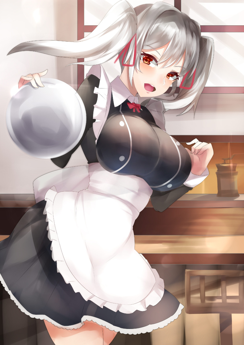 1girl :d absurdres breasts brown_eyes day hair_ribbon hand_up highres holding holding_tray indoors large_breasts maid open_mouth original red_ribbon restaurant ribbon silver_hair smile solo tea_texiamato tray twintails
