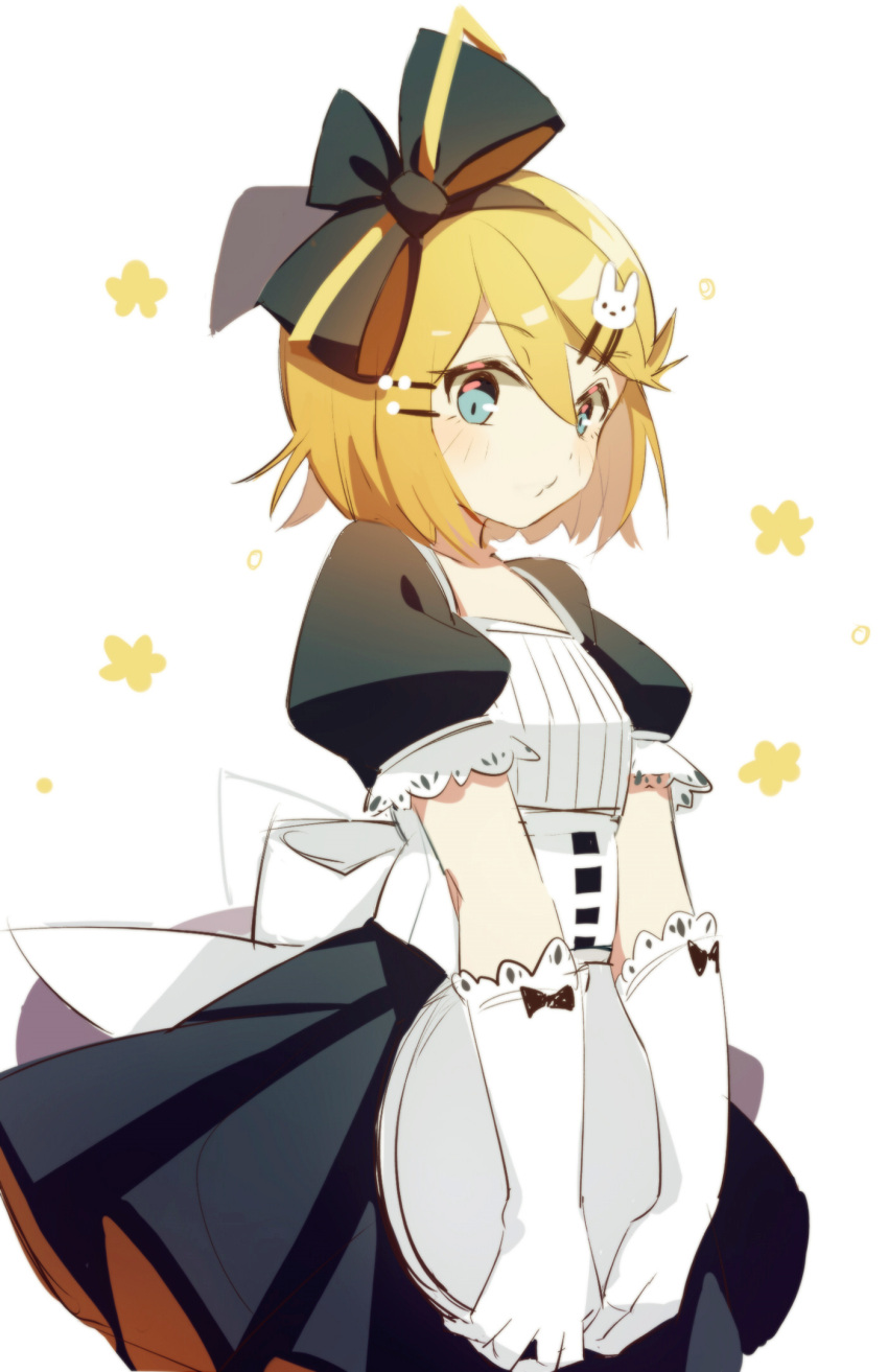 1girl aqua_eyes bangs black_bow blonde_hair blue_eyes blush bow breasts bunny_hair_ornament chi_ya cowboy_shot dress from_side gloves hair_between_eyes hair_bow hair_ornament hairclip highres kagamine_rin looking_at_viewer puffy_short_sleeves puffy_sleeves short_hair short_sleeves simple_background small_breasts solo tray vocaloid white_background white_gloves