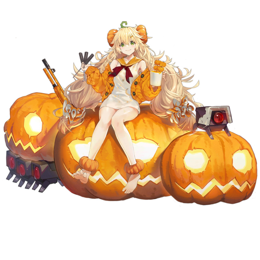 1girl alternate_costume baggy_clothes bangs barefoot blonde_hair blush breasts cardigan cup dinergate_(girls_frontline) dress fabarm_sat-8 feet food food_themed_hair_ornament full_body girls_frontline green_eyes gun hair_between_eyes hair_ornament hair_scrunchie hairclip halloween highres holding holding_cup logo long_hair looking_at_viewer low-tied_long_hair low_twintails medium_breasts messy_hair moon_print neckerchief nin off_shoulder official_art open_cardigan open_clothes orange_sailor_collar orange_scrunchie orange_sweater pumpkin pumpkin_hair_ornament pumpkin_soup red_neckwear s.a.t.8_(girls_frontline) sailor_collar sailor_dress scrunchie shotgun sidelocks sitting smile star star_print sweater transparent_background twintails very_long_hair watermark weapon white_dress