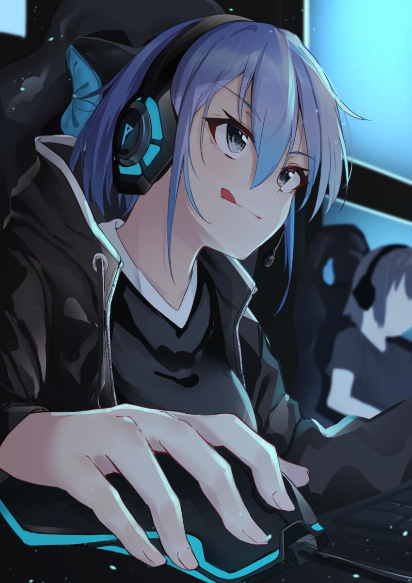 1girl :q bangs black_eyes black_jacket black_shirt blue_hair breasts chair closed_mouth commentary_request drawstring eyebrows_visible_through_hair headphones headset highres jacket long_sleeves medium_breasts mouse_(computer) open_clothes open_jacket original screen_light shirt short_hair smile solo_focus tapioka_(oekakitapioka) tongue tongue_out upper_body