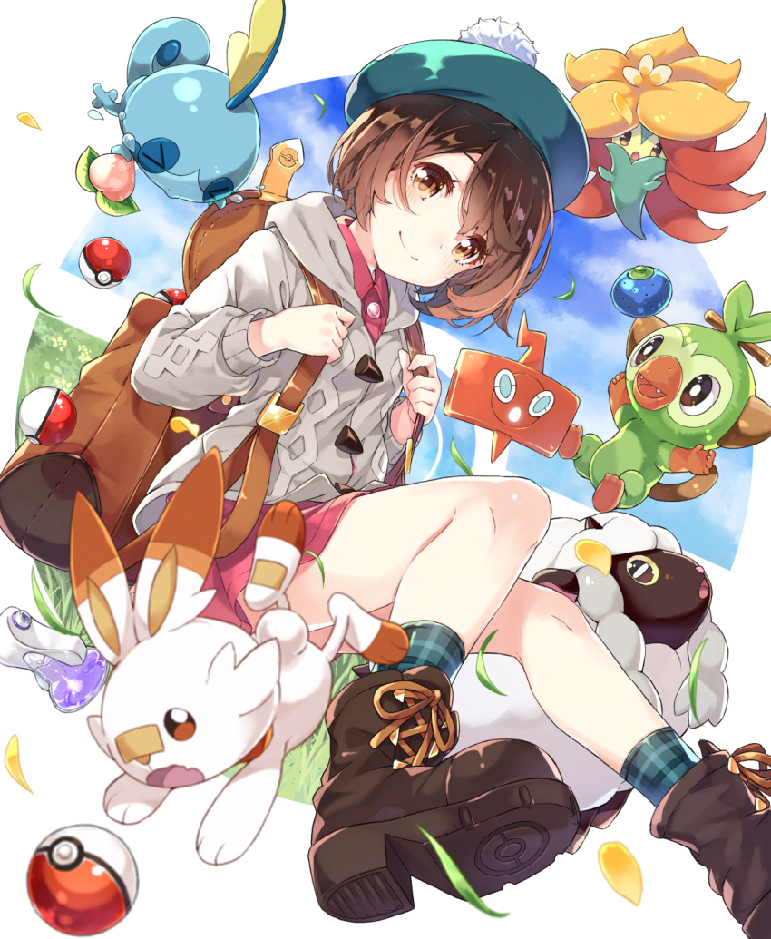 backpack bag boots brown_eyes brown_hair cardigan commentary_request female_protagonist_(pokemon_swsh) gossifleur grookey hat highres poke_ball pokemon pokemon_(game) pokemon_swsh rotom rotom_dex scorbunny skirt smile sobble takuan_(takuan0907) wooloo