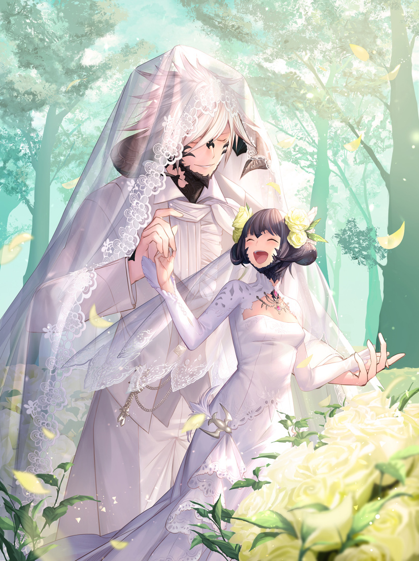 :d ^_^ amethyst_(gemstone) black_hair black_jacket blonde_hair breasts bridal_veil bride chain character_request cleavage_cutout closed_eyes commentary_request cross day dress feet_out_of_frame final_fantasy final_fantasy_xiv flower forest formal gem giant groom hair_flower hair_ornament happy headpiece hetero highres holding_hands horns jacket jewelry long_sleeves mixed-language_commentary mt_(ringofive) nature open_clothes open_jacket open_mouth outdoors pants parted_lips petals rose rose_petals see-through short_hair small_breasts smile standing suit tree veil wedding_dress white_dress white_pants yellow_flower yellow_rose