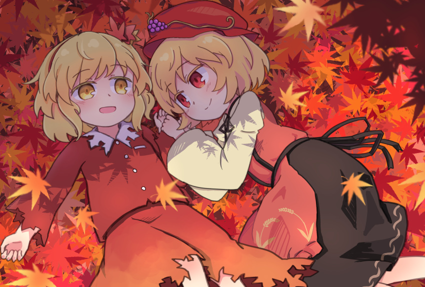 2girls :d aki_minoriko aki_shizuha autumn_leaves black_skirt blonde_hair blush brown_shirt cabbie_hat closed_mouth commentary_request eyebrows_visible_through_hair food fruit grapes hair_ornament hairband hat highres juliet_sleeves kibisake leaf leaf_hair_ornament long_sleeves lying maple_leaf mob_cap multiple_girls on_back on_side open_mouth puffy_sleeves red_eyes red_hairband red_headwear red_shirt red_skirt shirt short_hair siblings sisters skirt smile touhou wide_sleeves yellow_eyes