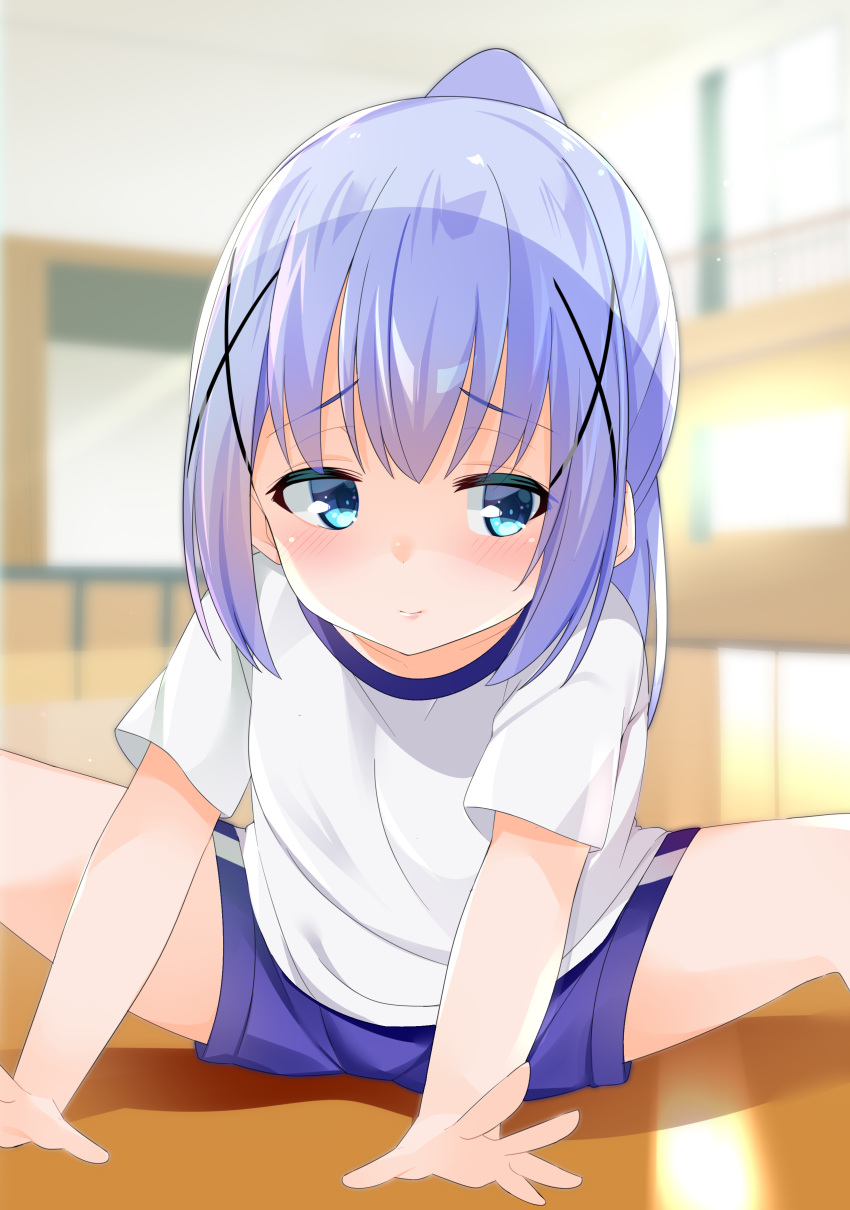 1girl absurdres bangs blue_eyes blue_hair blue_shorts blurry blurry_background blush cacao_(chocolat) closed_mouth commentary_request depth_of_field eyebrows_visible_through_hair feet_out_of_frame gochuumon_wa_usagi_desu_ka? gym_shirt gym_shorts gym_uniform hair_ornament high_ponytail highres indoors kafuu_chino long_hair outstretched_arms ponytail shirt short_shorts short_sleeves shorts solo spread_legs white_shirt x_hair_ornament