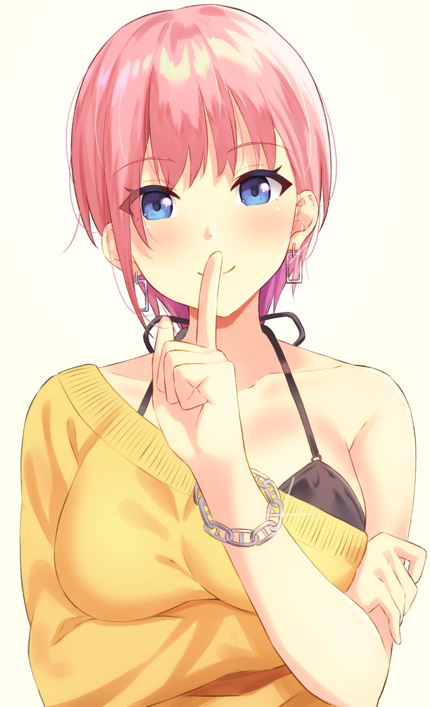 1girl asymmetrical_clothes bangs bikini bikini_under_clothes black_bikini blue_eyes blush bracelet breasts chain closed_mouth collarbone commentary_request earrings eyebrows_visible_through_hair finger_to_mouth glint go-toubun_no_hanayome hand_on_own_arm highres hofumaso index_finger_raised jewelry large_breasts looking_at_viewer nakano_ichika pink_hair short_hair shushing simple_background single_bare_shoulder smile solo sweater swimsuit upper_body white_background yellow_sweater