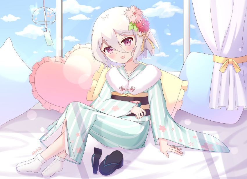 1girl :d absurdres bangs black_footwear blue_kimono blue_sky blush clouds commentary_request crossed_ankles curtains day eyebrows_visible_through_hair flower frilled_pillow frills full_body hair_between_eyes hair_flower hair_ornament head_tilt heart heart_pillow highres indoors japanese_clothes kimono kokkoro_(princess_connect!) liang_feng_qui_ye long_sleeves looking_at_viewer obi pillow pink_flower princess_connect! red_flower sash sky smile socks solo striped striped_kimono tabi vertical-striped_kimono vertical_stripes violet_eyes white_hair white_l wide_sleeves wind_chime zouri