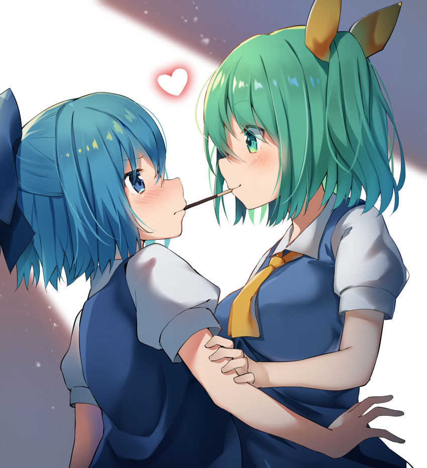 2girls arm_grab ascot bangs blue_bow blue_dress blue_eyes blue_hair blush bow breasts cirno commentary_request daiyousei dress eye_contact food food_in_mouth from_side green_eyes green_hair hair_bow hair_ribbon heart highres large_breasts looking_at_another mamemochi mouth_hold multiple_girls one_side_up pinafore_dress pocky pocky_kiss profile puffy_short_sleeves puffy_sleeves ribbon shirt short_hair short_sleeves smile touhou upper_body white_shirt yellow_neckwear yellow_ribbon yuri