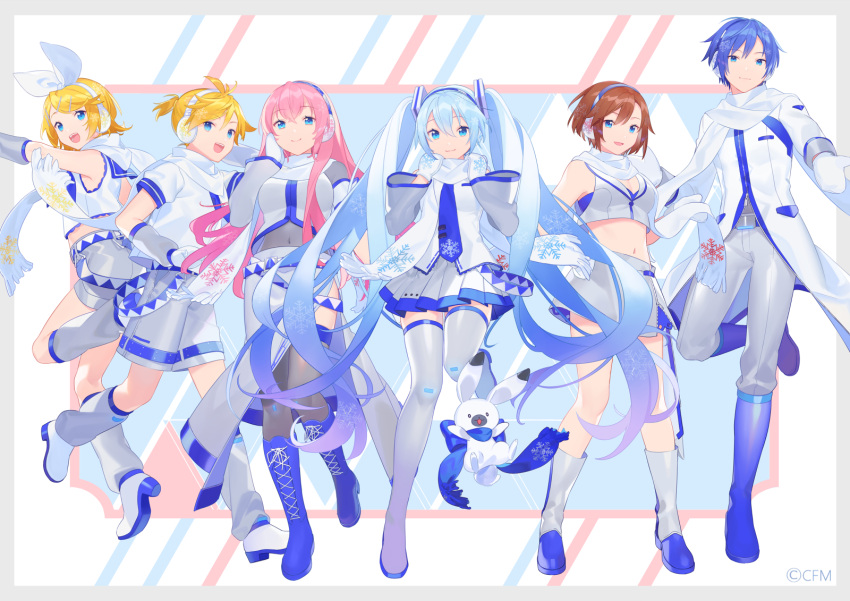 3boys 4girls arm_up bangs blonde_hair blue_eyes blue_footwear blue_hair boots bow brown_hair coat commentary_request cosplay crop_top crypton_future_media earmuffs everyone full_body grey_legwear hair_bow hair_ornament hairband hairclip hand_in_hair hands_up hatsune_miku heiwa_(murasiho) highres kagamine_len kagamine_rin kaito knee_boots leg_up leg_warmers long_hair looking_at_viewer megurine_luka meiko midriff mittens multiple_boys multiple_girls navel open_mouth pants pink_hair rabbit_yukine scarf see-through shirt short_hair short_ponytail sleeveless sleeveless_shirt smile snowflake_print spiky_hair standing stomach swept_bangs thigh-highs thigh_boots twintails very_long_hair vocaloid white_bow white_coat white_legwear white_mittens white_pants white_scarf white_shirt yuki_miku yuki_miku_(2011) yuki_miku_(cosplay)