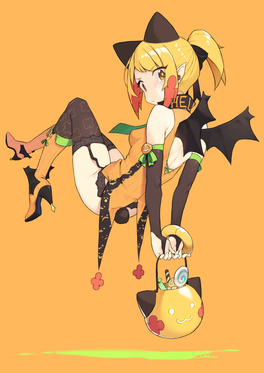 1girl animal_ears black_legwear blonde_girl_(cloba) blonde_hair blush boots breasts bright_pupils candy candy_cane cloba earrings food hair_ornament hair_ribbon halloween halloween_basket halloween_costume highres jewelry long_hair original ribbon short_ponytail small_breasts solo thigh-highs wings yellow_eyes