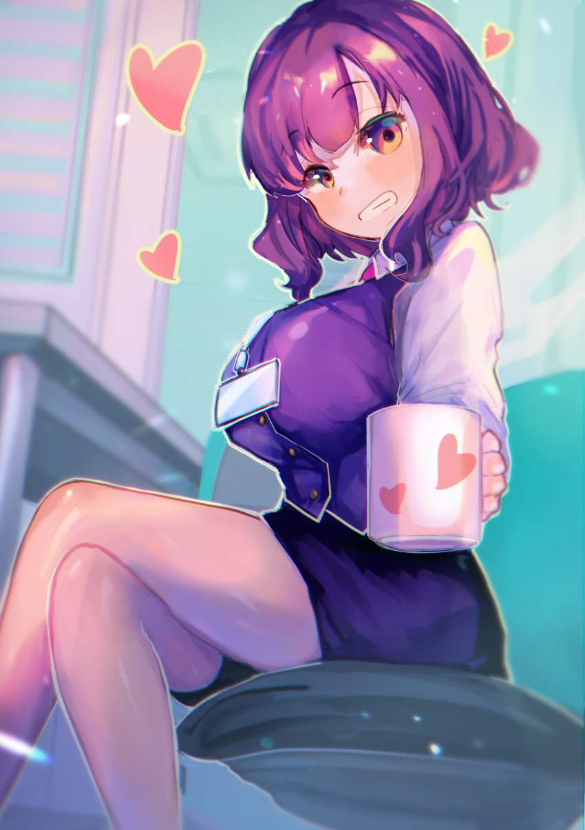 1girl bangs blue_skirt breasts brown_eyes chair collared_shirt commentary_request crossed_legs cup dress_shirt eyebrows_visible_through_hair from_below grin heart highres holding holding_cup id_card indoors lanyard large_breasts looking_at_viewer miniskirt mug necktie office_lady original purple_hair purple_vest shirt short_hair sitting skirt smile table thighs user_huwn5255 vest white_shirt