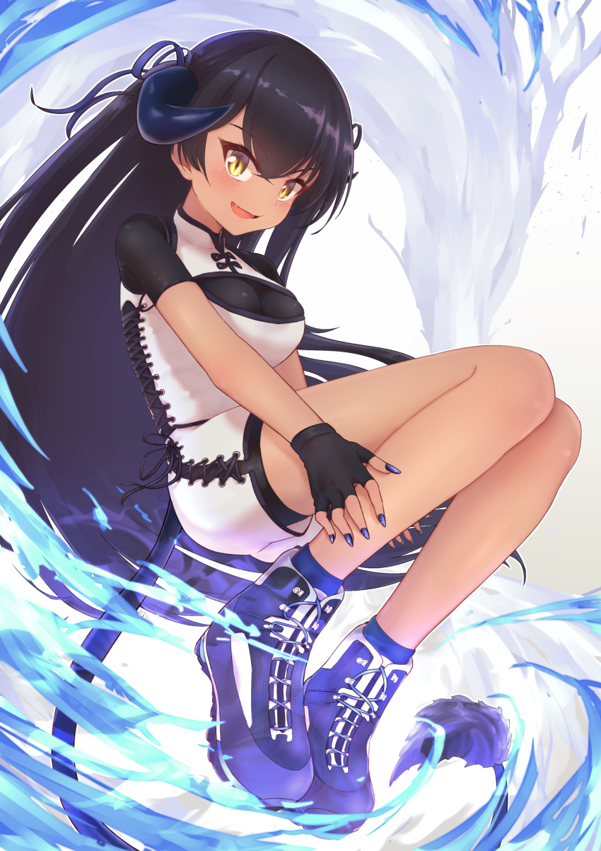 1girl :d absurdres bangs black_gloves black_hair black_nails cleavage_cutout cross-laced_clothes dress fang fang_out fingerless_gloves fingernails floating gloves hair_between_eyes highres horns karu_(ricardo_2628) long_hair open_mouth original shoes smile sneakers solo tail white_dress yellow_eyes