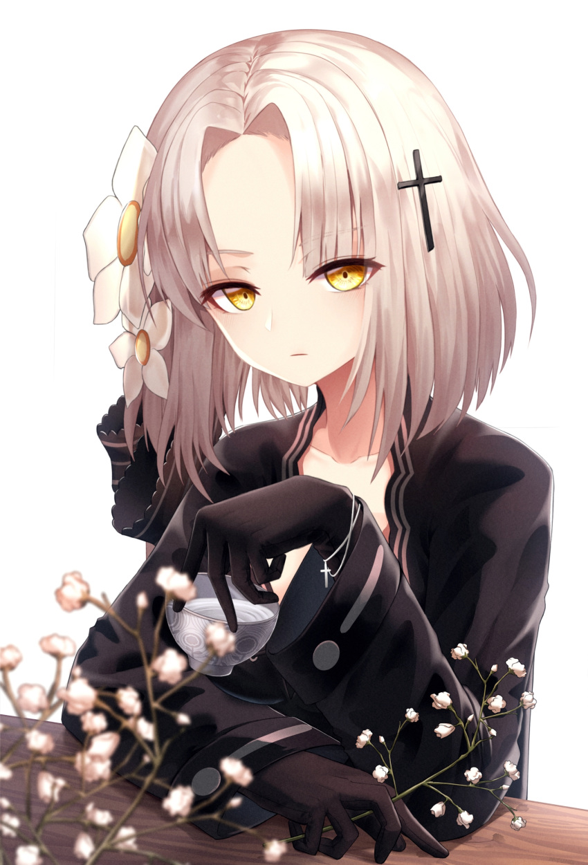 1girl alcohol aug_(girls_frontline) bangs black_clothes black_gloves closed_mouth collarbone commentary cross cup expressionless eyebrows_visible_through_hair flower girls_frontline gloves hair_flower hair_ornament hair_ribbon highres holding holding_branch holding_cup long_sleeves looking_at_viewer myung revision ribbon short_hair silver_hair simple_background solo upper_body white_background wooden_table yellow_eyes