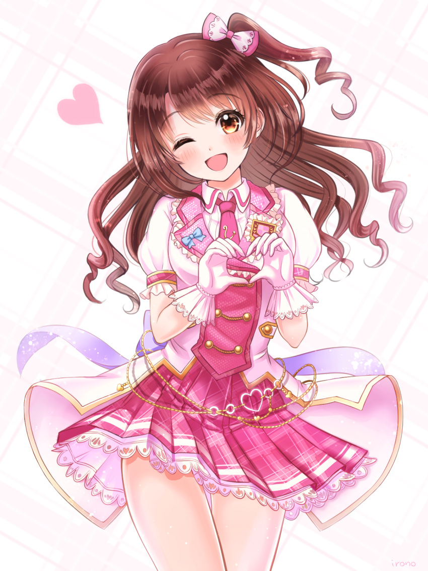 1girl :d argyle argyle_background argyle_skirt artist_name back_bow badge bangs blue_bow blush bow breasts brown_hair chain chain_belt coat collared_shirt cowboy_shot curly_hair dot_nose eyebrows_visible_through_hair frills gloves gold_chain hair_bow head_tilt heart heart_hands highres idolmaster idolmaster_cinderella_girls idolmaster_cinderella_girls_starlight_stage irono1910 lace lace-trimmed_skirt long_hair looking_at_viewer medium_breasts necktie one_eye_closed one_side_up open_mouth pink_bow pink_check_school pink_neckwear pink_skirt pleated_skirt puffy_short_sleeves puffy_sleeves ribbed_shirt shimamura_uzuki shirt short_sleeves skirt smile solo swept_bangs thighs upper_body white_background white_coat white_gloves white_shirt yellow_eyes