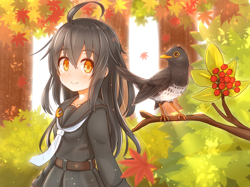 1girl alternate_eye_color antenna_hair autumn_leaves belt bird black_blouse black_hair black_sailor_collar black_serafuku black_skirt blouse breasts collarbone crescent crescent_moon_pin day eyebrows_visible_through_hair forest hair_between_eyes highres kantai_collection leaf long_hair long_sleeves looking_at_viewer maple_leaf mikazuki_(kantai_collection) nature necktie orange_eyes outdoors pleated_skirt sailor_collar school_uniform serafuku skirt small_breasts smile sunlight suzushiro_(gripen39) tree white_neckwear