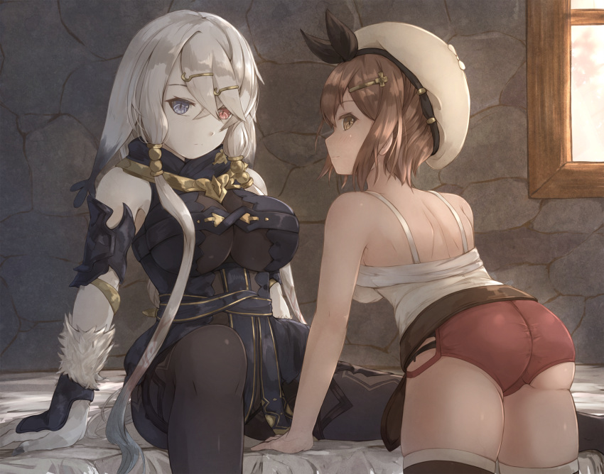 2girls armlet ass atelier_(series) atelier_ryza bangs bare_arms bare_shoulders bed belt beret black_bodysuit black_nails blue_eyes bodysuit boots breasts brown_eyes brown_hair crossed_bangs english_commentary eyebrows_visible_through_hair fur hair_between_eyes hair_ornament hairclip hat heterochromia highres hikari_niji impossible_clothes large_breasts lila_decyrus long_hair looking_at_viewer low_twintails multiple_girls pale_skin red_shorts redhead reisalin_stout shirt short_hair shorts sidelocks sitting spaghetti_strap spread_legs stone_wall swept_bangs thigh-highs thigh_boots thighs twintails wall white_hair white_shirt window