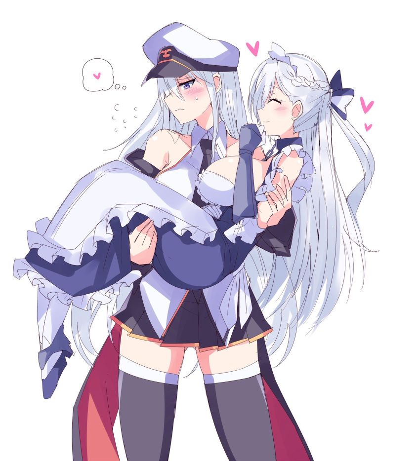 2girls apron azur_lane bangs bare_shoulders belfast_(azur_lane) black_neckwear blush braid breasts carrying chain closed_eyes coat collar commentary_request dress enterprise_(azur_lane) eyebrows_visible_through_hair french_braid frills gloves hat heart highres himiya_ramune large_breasts long_hair looking_away maid maid_headdress multiple_girls necktie off_shoulder peaked_cap princess_carry shirt simple_background skirt sleeveless sleeveless_shirt smile thigh-highs thought_bubble very_long_hair violet_eyes white_background white_gloves white_hair