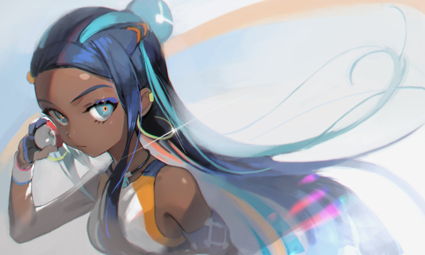 1girl aqua_hair armband bare_shoulders black_hair blue_eyes blue_eyeshadow dark_skin earrings forehead gloves hairband highres holding holding_poke_ball hoop_earrings jewelry long_hair multicolored_hair necklace poke_ball pokemon pokemon_(game) pokemon_swsh rurina_(pokemon) solo soyoong_jun tank_top wristband