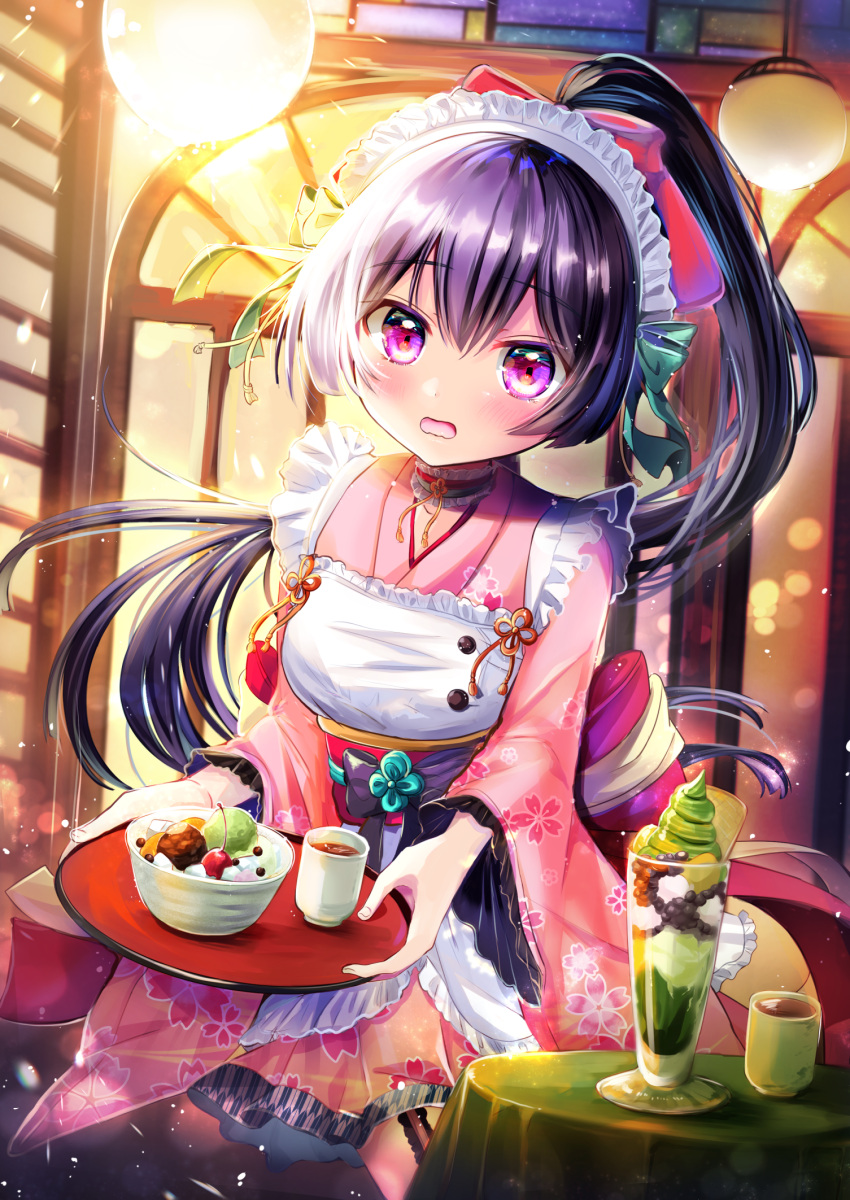 black_hair blush bow bowl cup floral_print garter_straps hair_bow highres holding holding_tray indoors isumiasa4 japanese_clothes kimono looking_at_viewer maid original parfait pink_bow pink_eyes ponytail standing table tea tray wa_maid wide_sleeves yunomi