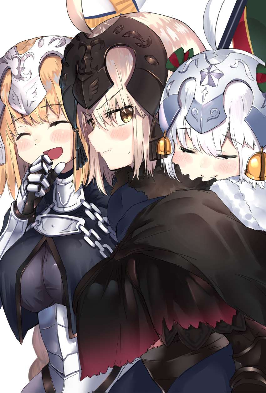 3girls absurdres ahoge armor armored_dress blonde_hair blush breasts capelet carrying closed_eyes fate/apocrypha fate/grand_order fate_(series) fur-trimmed_capelet fur_trim gauntlets green_ribbon grey_hair hair_ribbon headpiece highres jeanne_d'arc_(alter)_(fate) jeanne_d'arc_(fate) jeanne_d'arc_(fate)_(all) jeanne_d'arc_alter_santa_lily large_breasts long_hair looking_at_another looking_at_viewer multiple_girls open_mouth piggyback ranf red_ribbon ribbon short_hair sleeping smile striped striped_ribbon yellow_eyes