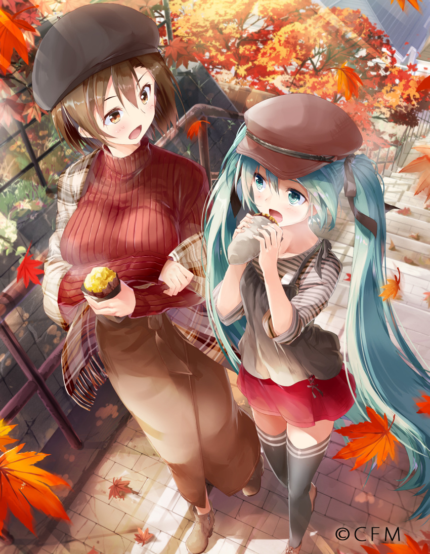 2girls aqua_eyes aqua_hair autumn_leaves beret black_headwear black_legwear brown_eyes brown_hair brown_skirt building cabbie_hat calendar_(medium) collarbone commentary daidou_(demitasse) day dress eating food foreshortening from_above handrail hands_up hat hatsune_miku highres holding holding_food leaf light_blush long_hair looking_at_another maple_leaf meiko miniskirt multiple_girls outdoors plaid plaid_scarf red_headwear red_skirt red_sweater scarf shirt shoes short_hair skirt spaghetti_strap stairs striped striped_shirt sweater sweet_potato thigh-highs turtleneck turtleneck_sweater twintails very_long_hair vocaloid walking yakiimo zettai_ryouiki