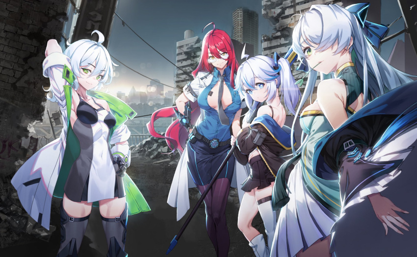 +_+ 4girls ahoge aqua_dress arm_behind_head asymmetrical_footwear bangs barcode_tattoo bare_shoulders belt black_jacket black_skirt blue_eyes blue_hair blue_pants blue_shirt blue_skirt breast_pocket breasts cityscape coat collarbone collared_shirt covered_navel cyborg_girls day dress eyebrows_visible_through_hair glasses gloves green_eyes grey_dress grey_legwear grey_neckwear hair_between_eyes hair_ornament hair_over_one_eye highres holding holding_weapon jacket large_breasts long_hair medium_breasts medium_hair mouth_hold multicolored_hair multiple_girls necktie off_shoulder official_art olys open_clothes open_coat open_jacket outdoors pants pantyhose partially_unbuttoned pencil_skirt pleated_dress pocket purple_legwear redhead ruins semi-rimless_eyewear shirt sidelocks single_knee_boot single_thigh_boot skindentation skirt sleeveless sleeveless_dress star star-shaped_pupils symbol-shaped_pupils tattoo thigh-highs thigh_strap twintails two-tone_dress under-rim_eyewear weapon white_coat white_dress wide_sleeves yellow_eyes