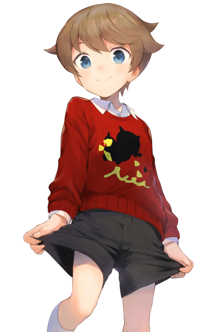 1boy bangs black_shorts blue_eyes brown_hair character_print child closed_mouth cocolo_(co_co_lo) collared_shirt feet_out_of_frame highres kneehighs long_sleeves looking_at_viewer male_focus pokemon pokemon_(game) pokemon_swsh print_sweater red_sweater shirt shorts simple_background smile solo sweater white_background white_legwear white_shirt youngster_(pokemon)