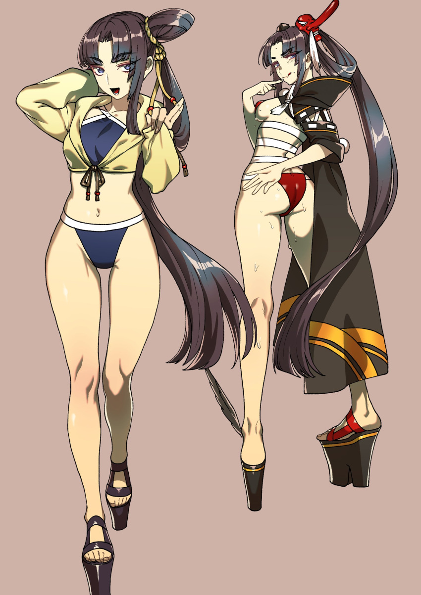 1girl :d :q absurdres arm_behind_head ass back bikini black_hair blue_bikini blue_eyes breasts cape eyeliner fate/grand_order fate_(series) hat high_heels highres jacket long_hair looking_at_viewer makeup mask navel open_mouth purple_background red_bikini rokkotsu sandals side_ponytail simple_background sleeves_past_wrists smile sweat swimsuit teeth tengu_mask tongue tongue_out ushiwakamaru_(fate/grand_order) ushiwakamaru_(swimsuit_assassin)_(fate) very_long_hair