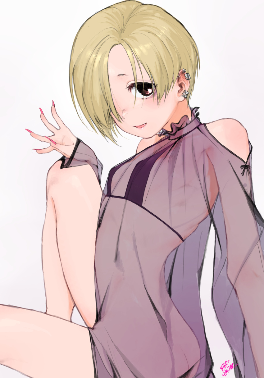 1girl ass bags_under_eyes bare_shoulders bikini black_bikini blonde_hair blush ear_piercing flat_chest from_behind hair_over_one_eye highres idolmaster idolmaster_cinderella_girls looking_at_viewer looking_back open_mouth parted_lips piercing shiny shiny_hair shiny_skin shirasaka_koume short_hair simple_background sitting smile solo swimsuit turbo_engine_(rakugaki_tabo)