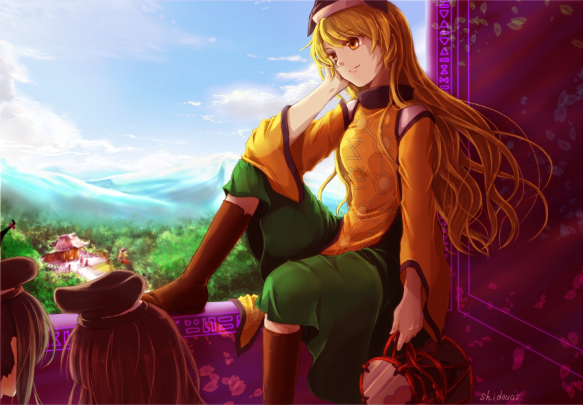 4girls artist_name black_headwear blonde_hair blue_sky boots brown_eyes brown_footwear brown_hair clouds commentary_request day drum feet_out_of_frame forest green_skirt hakurei_reimu hakurei_shrine hand_in_hair hand_up head_tilt holding holding_instrument instrument knee_up long_hair long_sleeves matara_okina mountain multiple_girls nature nishida_satono shidouas signature sitting skirt sky tabard teireida_mai touhou wide_sleeves