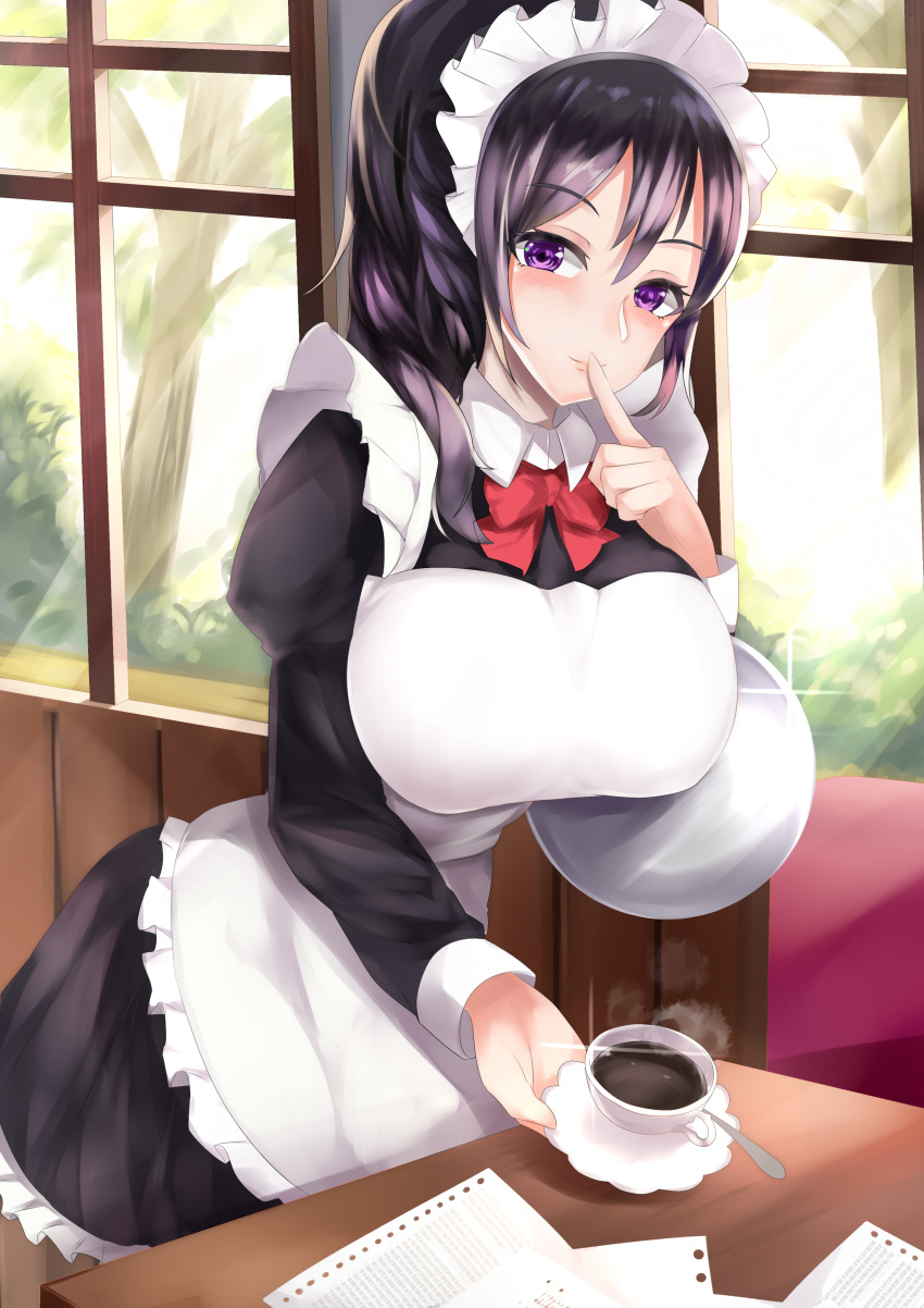 1girl absurdres apron black_hair bow breasts coffee day finger_to_mouth hair_between_eyes highres juliet_sleeves large_breasts leaning_forward long_sleeves maid maid_apron maid_headdress medium_hair original paper puffy_sleeves red_bow restaurant tea_texiamato tray violet_eyes window