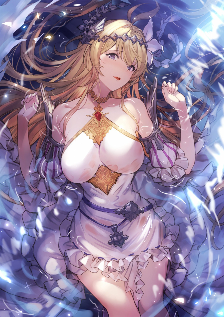 1girl bangs bare_shoulders blonde_hair blue_eyes blush breasts detached_sleeves dress eyebrows_visible_through_hair flower granblue_fantasy hair_between_eyes hair_flower hair_ornament hands_up highres jeanne_d'arc_(granblue_fantasy) kakage large_breasts long_hair looking_at_viewer open_mouth partially_submerged sidelocks smile solo wet
