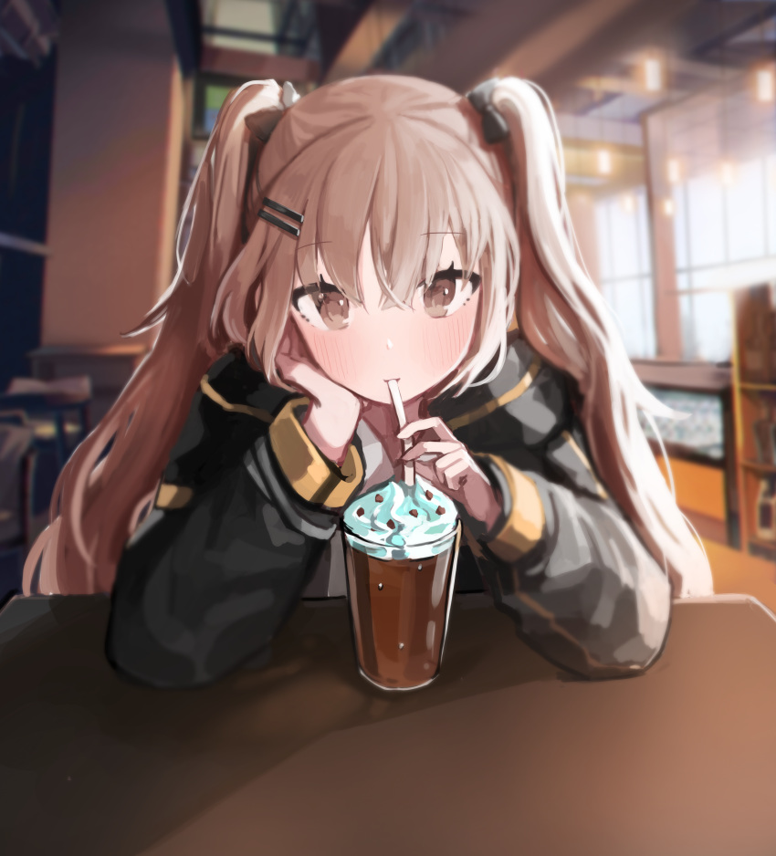 1girl absurdres arm_rest bangs black_jacket blurry blush brown_eyes brown_hair cafe depth_of_field dessert drinking drinking_straw eyebrows_visible_through_hair eyes_visible_through_hair food girls_frontline hair_between_eyes hair_ornament hairclip hairpin hand_on_own_cheek highres indoors jacket long_hair long_sleeves looking_at_viewer pn_pixi shirt sitting solo table two_side_up ump9_(girls_frontline) upper_body white_shirt