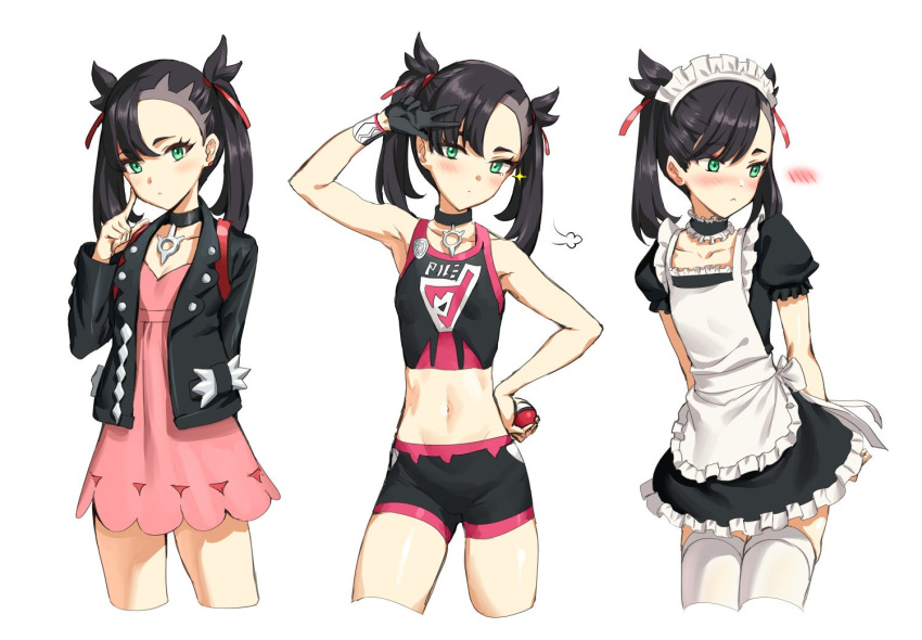 athenawyrm black_hair black_jacket blush crop_top dress finger_to_cheek green_eyes jacket looking_at_viewer maid maid_headdress mary_(pokemon) midriff multiple_persona navel pink_dress poke_ball poke_ball_(generic) pokemon pokemon_(game) pokemon_swsh simple_background sportswear tank_top thigh-highs twintails white_legwear