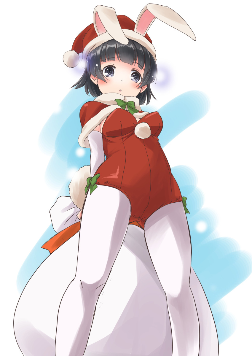 1girl absurdres animal_ears arare_(kantai_collection) black_hair brown_eyes bunny_tail bunnysuit capelet commentary_request elbow_gloves feet_out_of_frame from_below gloves hat highres kantai_collection leotard looking_at_viewer pantyhose rabbit_ears red_leotard sack santa_hat short_hair solo standing strapless strapless_leotard tail taisinkoku two-tone_background white_background white_gloves white_legwear